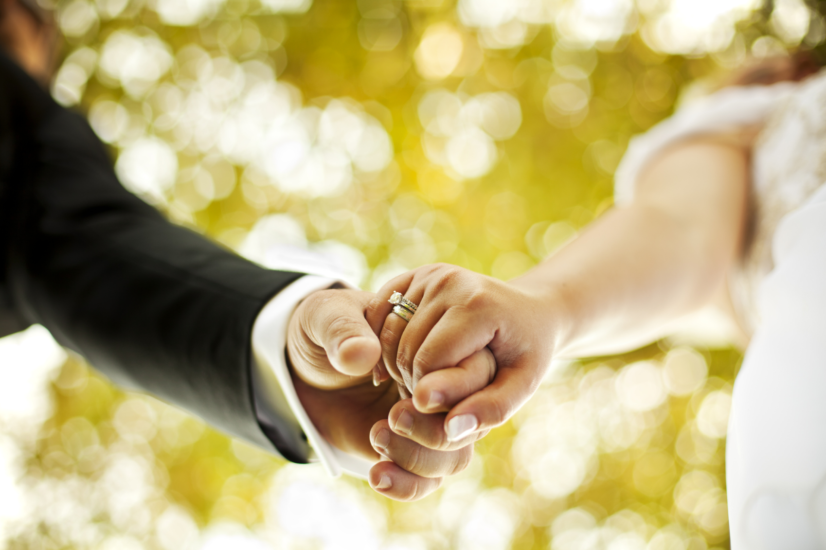 Just married couple, holding hands and walking in nature